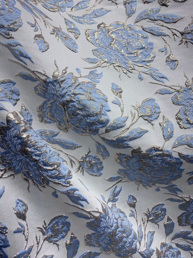 BABY BLUE GOLD Floral Brocade Fabric (60 in_) Sold By The Yard