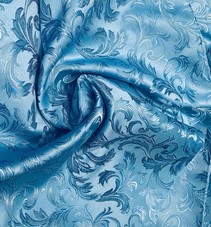 Live Deal_ Italian Brocade Satin Fabric- Blue- Floral Leaves Upholstery Neoclassical